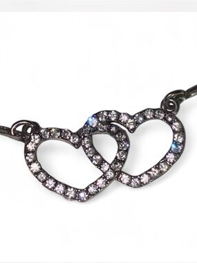 Vintage Rhinestone Double Heart Pendant Silver Tone Necklace Unsigned